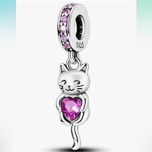 Silver Cat Charm with Pink heart sterling 925 fits all pandoras
